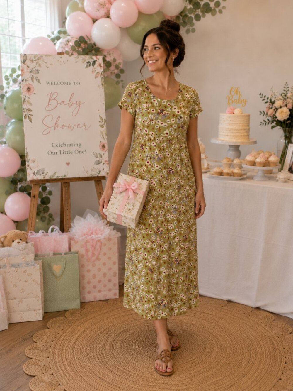 Olive green Vintage Dressing Clio Petites Floral Midi Dress – Size PM